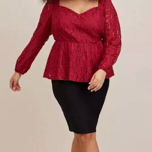 Torrid Plus Women's Peplum Lace Long Sleeve Lined Red Top 2X